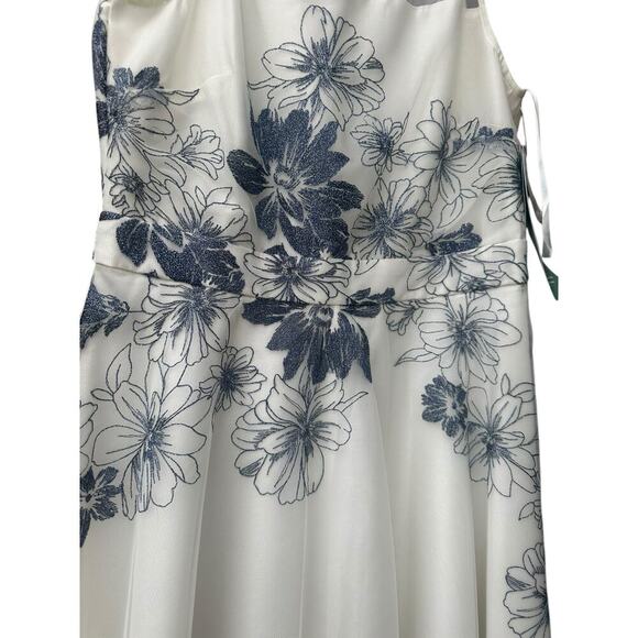 J Taylor white mesh embroidered blue flowers midi fit & flare dress. Size-12 - Picture 3 of 7